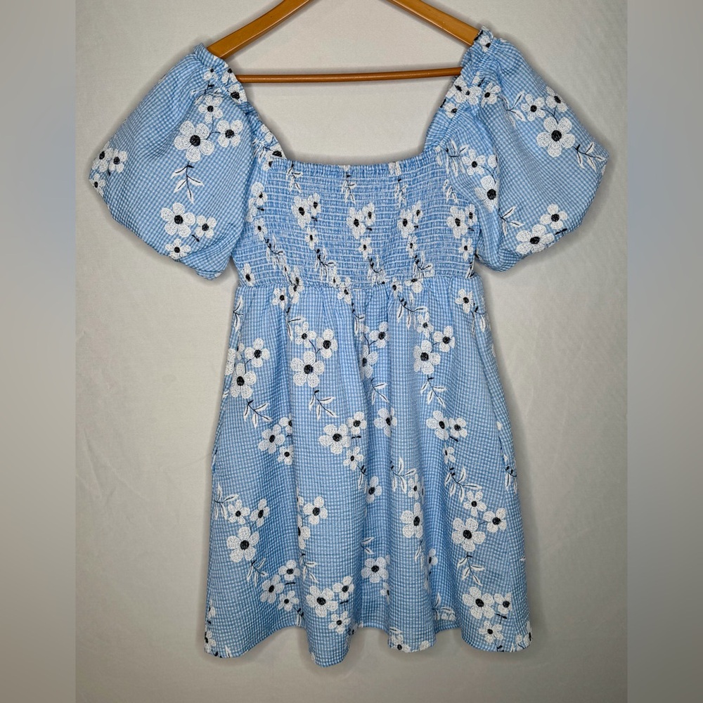 Altar’d State Gingham Daisy Print Embroidered Puff Sleeve Mini Dress. Size Small - Picture 7 of 12
